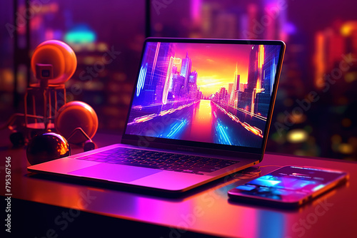 A laptop with an open screen, sitting on top of the table next to it is a small speaker and a tablet. The background color has a gradient effect that creates a colorful and futuristic atmosphere photo