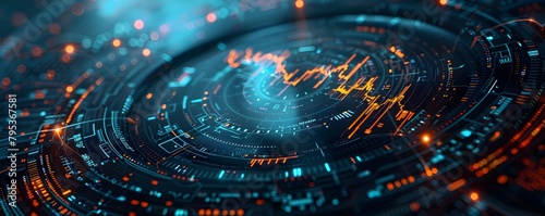 Intense Market Visualization with Glowing Graphs and Charts on Circular Digital Display