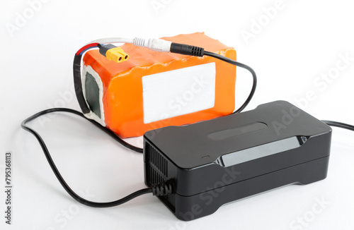 Close up of the electric bicycle battery pack. 48v5.3Ah. Lithium ion industrial high current batteries, isolated on white background