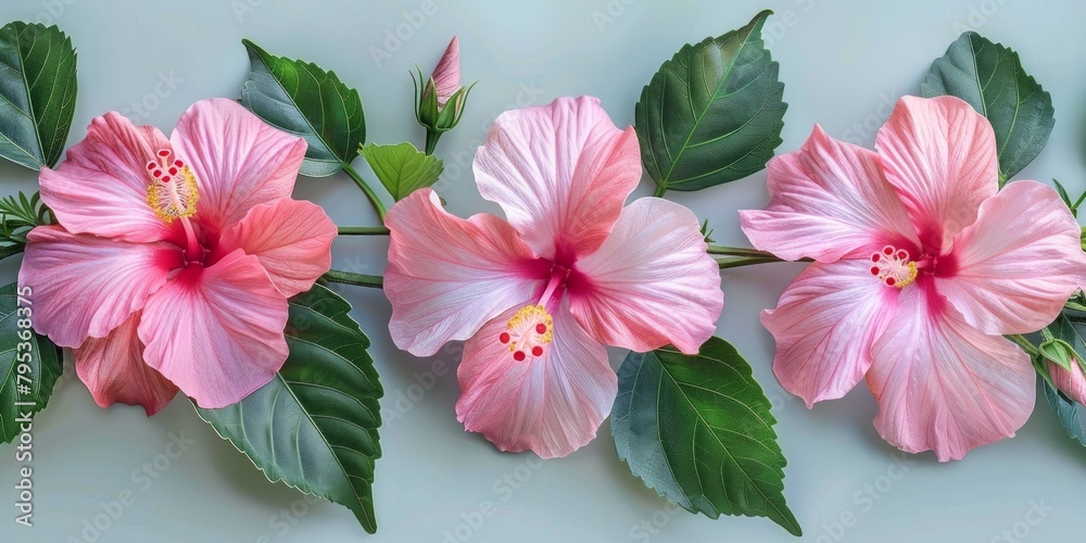 Pink hibiscus flowers isolated and leaves