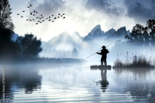 A man is fishing in a lake with a bird flying in the background