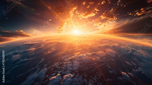 An awe-inspiring sight of planet Earth bathed in the warm hues of a spectacular sunset, casting a serene and mesmerizing glow across its surface. photo