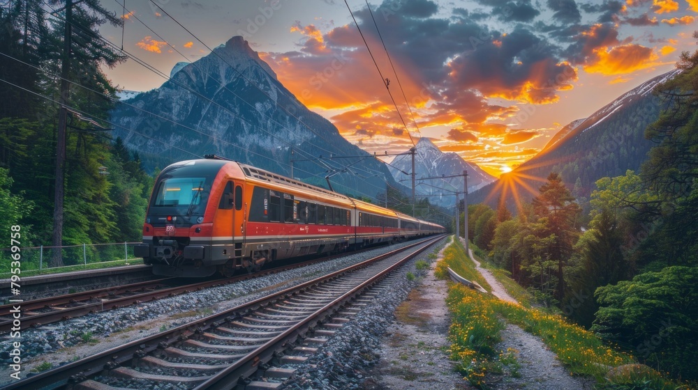 Railway and train at sunrise.