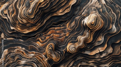 A closeup of a brown wood trunk reveals a fascinating pattern formed over time  resembling the bedrock formations found in geology. The texture resembles a mix between rock and plant material.