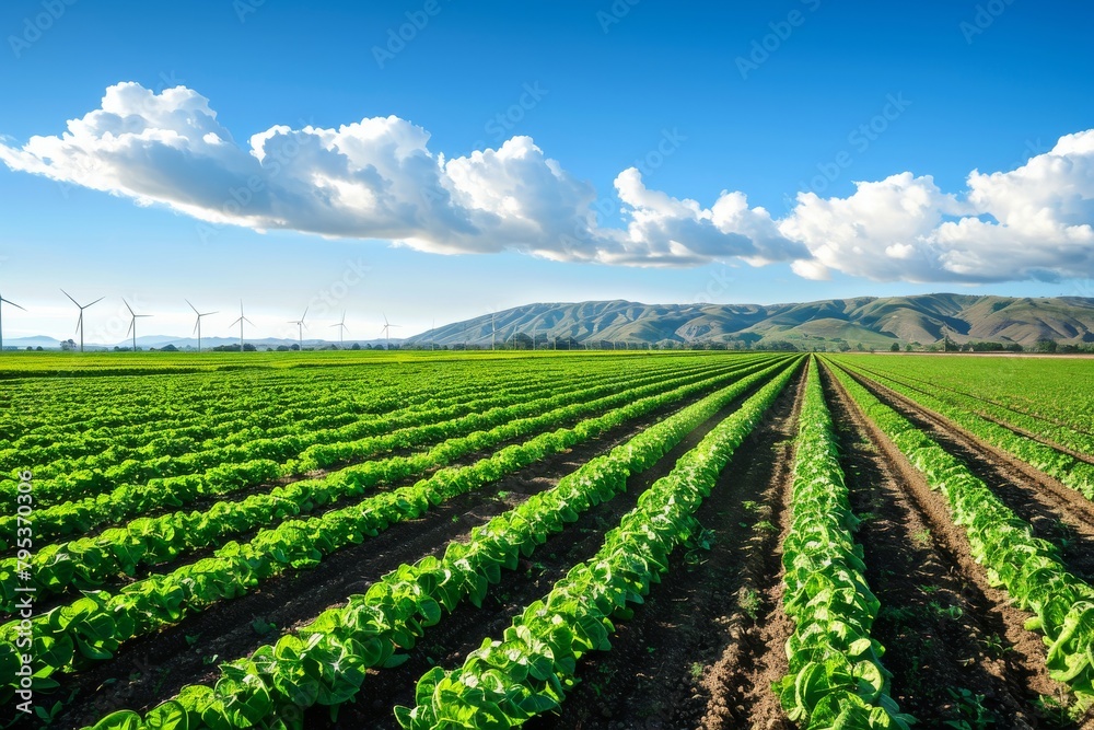 Sustainable agriculture field with rows of crops and wind turbines in the distance, promoting eco-friendly farming practices