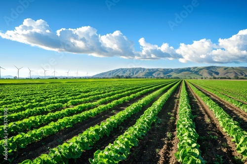 Sustainable agriculture field with rows of crops and wind turbines in the distance  promoting eco-friendly farming practices