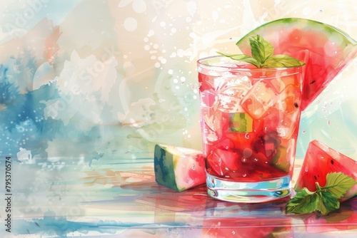 A whimsical watercolor of a watermelon cocktail, infused with the lightness