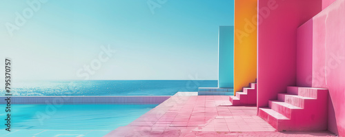 Urlaubslandschaft in Pink Orange mit weitem Blick in die Ferne. Sonnige Ansicht mit Strukturierten Geometrien. KI generiert. photo
