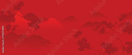Happy Chinese new year background vector. Luxury wallpaper design with chinese flower, mountain on red background. Modern luxury oriental illustration for cover, banner, website, decor.