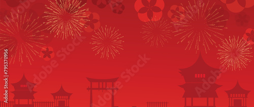 Happy Chinese new year background vector. Luxury wallpaper design with chinese ancient city, firework on red background. Modern luxury oriental illustration for cover, banner, website, decor.