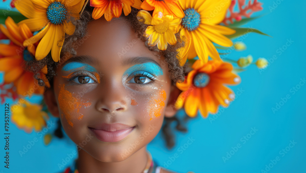 Happy African Child with Makeup in the Style of Flower extreme closeup. Generative AI Happy African Child with Makeup in the Style of Flower extreme closeup. Generative AI