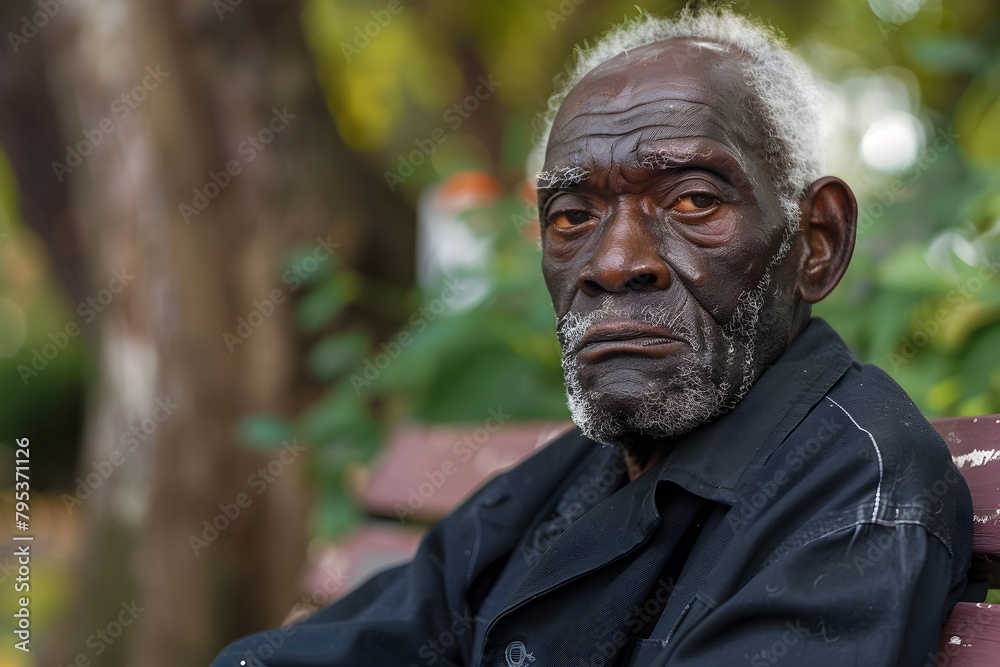 portrait of sad old man sitting on a bench in a park