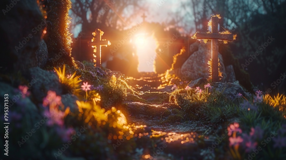 An artistic depiction of the Resurrection of Jesus Christ, featuring an empty tomb with a focus on the shroud and defocused crosses in the background, illuminated by flare lights effects.