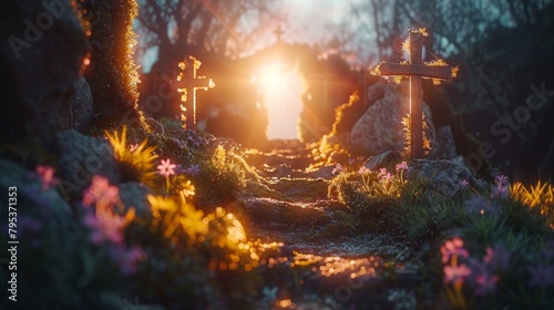 An artistic depiction of the Resurrection of Jesus Christ, featuring an empty tomb with a focus on the shroud and defocused crosses in the background, illuminated by flare lights effects.