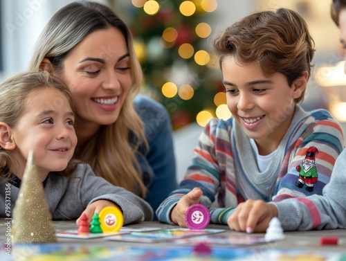 A family of three playing a board game together. The mother is smiling at the children