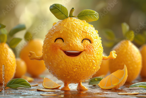Fun Cartoon Happy Lemon Character with Hands and Legs extreme closeup. Generative AI