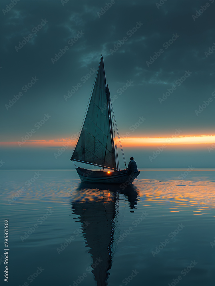 A man is in a sailboat at night