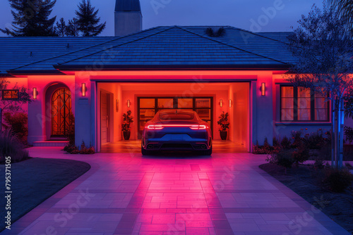 Luxury Car Parked at Modern Luxury House at Night extreme closeup. Generative AI