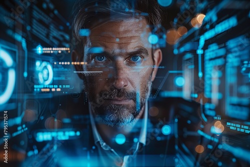 Imagine a visual narrative featuring a businessman encircled by virtual cyber security technology and online data protection mechanisms within a global business network server