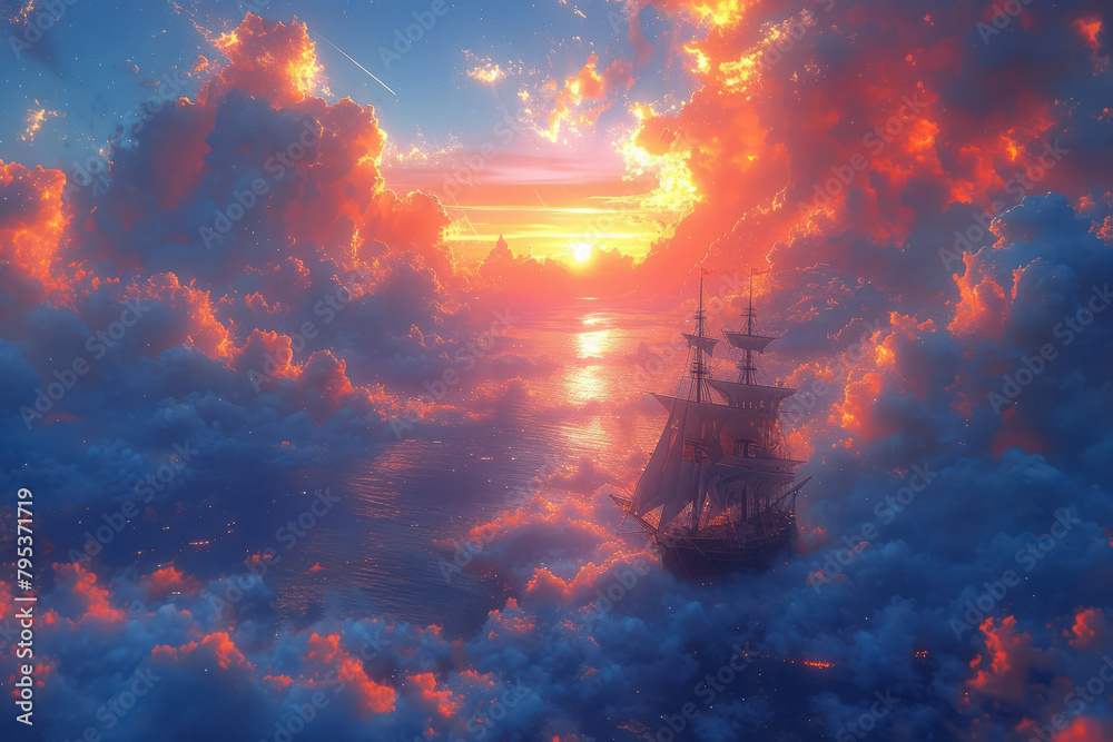 Fantastic Ancient Ship Sailing in the Clouds at Sunset Fantastic Ancient Ship Sailing in the Clouds at Sunset