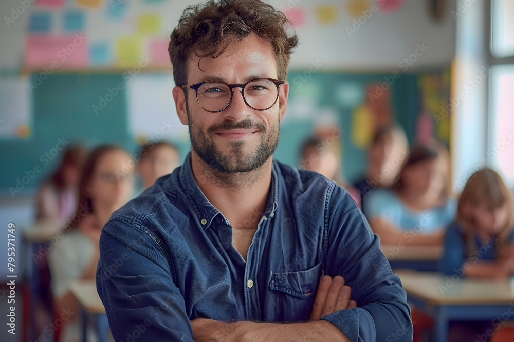 Fototapeta premium Portrait of a young male teacher standing in a classroom at school