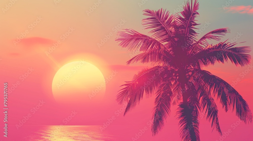 A retro-style background featuring the iconic skyline of Miami, adorned with palm trees silhouetted against a big dawn sun, capturing the vibrant and nostalgic essence of the city.