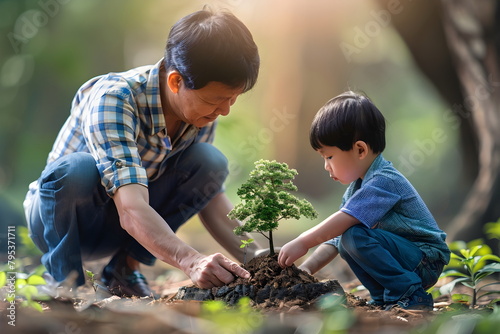 asian father and his son planting a tree outdoors