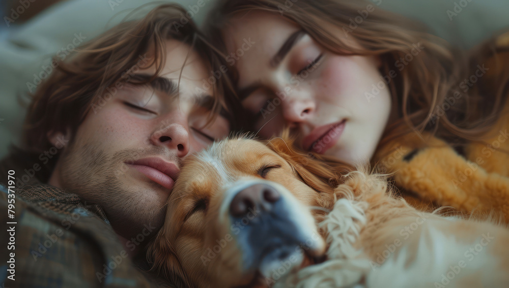 A Man and a Woman Sleep Together with Their Dog extreme closeup. Generative AI A Man and a Woman Sleep Together with Their Dog extreme closeup. Generative AI