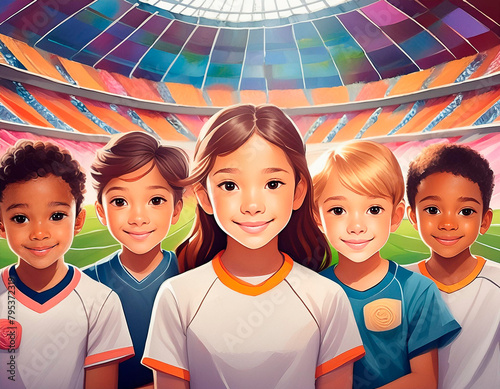 Multiracial group of two boys and two girls dressed in the uniforms of their soccer teams in a stadium.