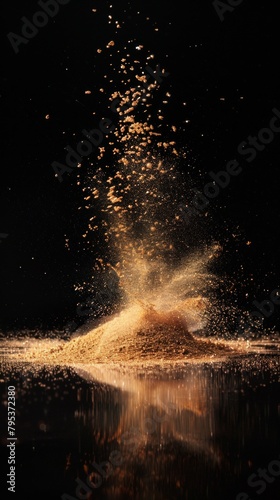 A dynamic visual of a sand explosion with vibrant splashes of gold sand against a dramatic black background, creating a captivating and luxurious effect.