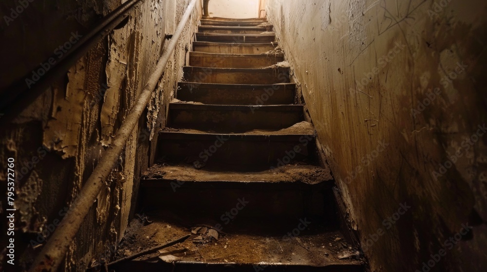 A chilling scene depicting a scary descent of stairs leading to a dimly lit basement, evoking a sense of suspense and foreboding. A chilling scene depicting a scary descent of stairs leading to a dimly lit basement, evoking a sense of suspense and foreboding.