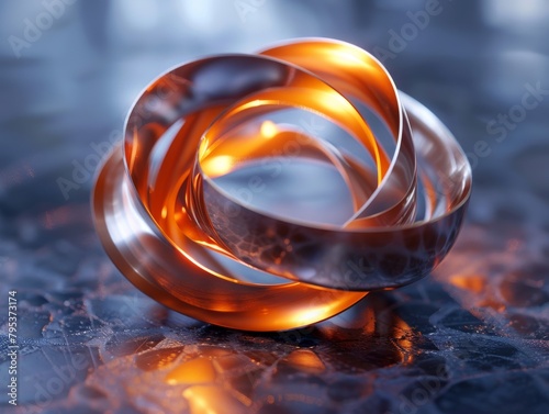 3d render of a glowing metal torus knot on a reflective surface
