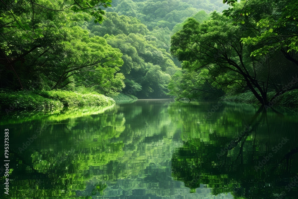 Tranquil scene of a peaceful lake surrounded by lush greenery, offering a moment of serenity