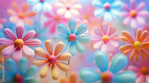 Soft-focus shot of a pastel groovy artwork featuring whimsical hippie flowers.