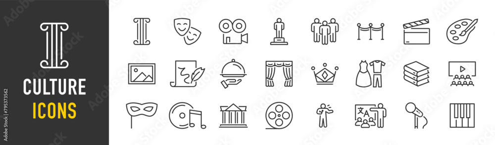 Culture web icons in line style. Creative, art, museums, literature, movie, architecture, theater, collection. Vector illustration.