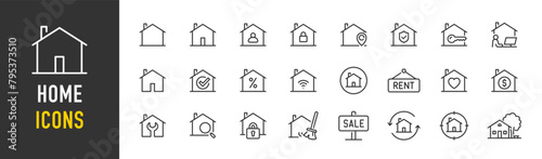 Home web icons in line style. Homepage, house, location, rent, for sale, property, cleaning, key, collection. Vector illustration.