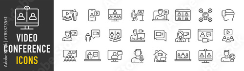 Video Conference web icons in line style. Webinar, online event, webcast, speaker, call, meeting, chat, collection. Vector illustration.
