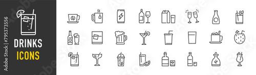 Drinks web icons in line style. Coffee, tea, soda, beer, alcohol, coctail, energy, wine, collection. Vector illustration.