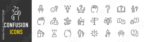 Confusion web icons in line style. Asking, uncertain, question mark, discomfort, hesitation, feeling, collection. Vector illustration.