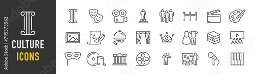 Culture web icons in line style. Creative, art, museums, literature, movie, architecture, theater, collection. Vector illustration.