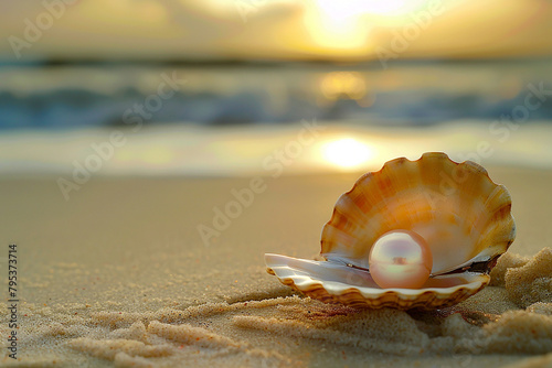 pearl on shell in a beach generated by AI