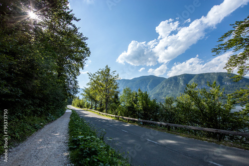 Ampia visuale panoramica che mostra una delle strade sulla sponda sud del lago Bohinj, in Slovenia, immersa nel verde, guardando verso le montagne della sponda nord, di pomeriggio, in estate photo