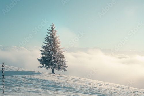 A single pine tree standing tall in the snow on top of an alpine hill. Misty fog rolling over the horizon. A snow-covered the landscape. 