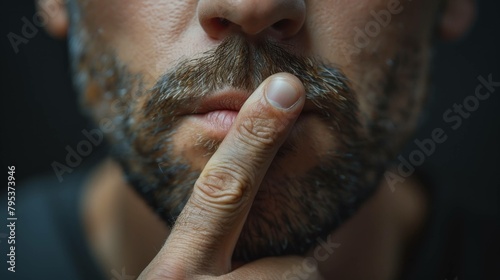 A man makes a quiet shh gesture with a finger on his lips, symbolizing taboo topics, censorship, or the freedom of speech. 