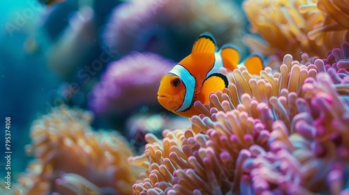 Clownfish swimming gracefully among colorful coral reefs , 3D ,ultra HD,digital photography © Oranuch
