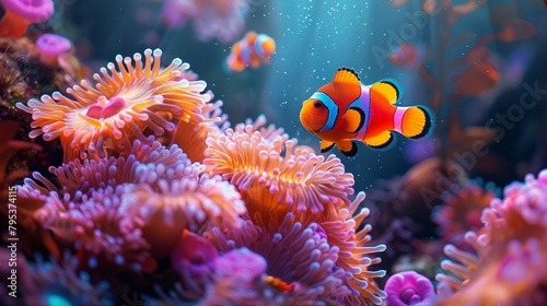 A peaceful underwater scene featuring vibrant sea anemones and colorful clownfish ,close-up,ultra HD,digital photography © Oranuch