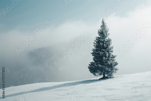 A single pine tree standing tall in the snow on top of an alpine hill. Misty fog rolling over the horizon. A snow-covered the landscape.  © Aisyaqilumar