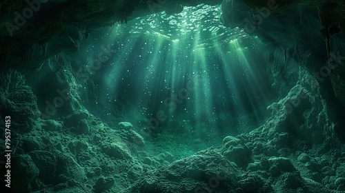 Picture a mysterious and enchanting underwater cave illuminated by neon green light ,close-up,ultra HD,digital photography