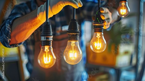 Close-up of male hands holding incandescent light bulbs. photo