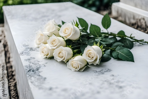 white roses laying on marble tombstone
